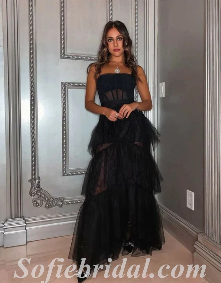 Sexy Black Tulle And Lace Spaghetti Straps Sleeveless A-Line Long Prom Dresses,SFPD0587