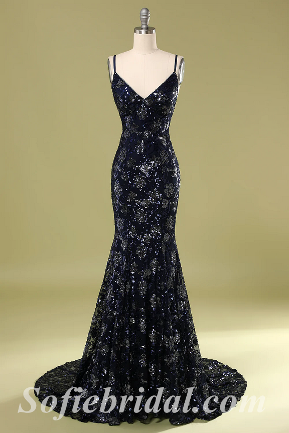 Sexy Special Fabric Spaghetti Straps V-Neck Criss-Cross Lace Up Back Mermaid Long Prom Dresses,SFPD0417