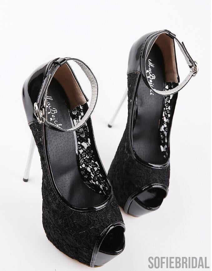 Super High Heels Fish Toe White Black Lace Sexy Wedding Bridal Shoes, S036
