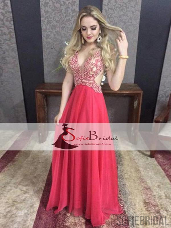 V-neck Read Beaded Open Back Prom Dresses, Sexy A-line Prom Dresses, Prom Dresses, PD0448