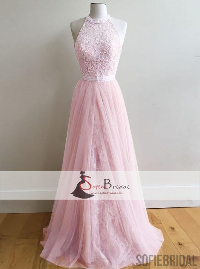 High Neck Halter Pink Lace Tulle Prom Dresses, Lovely Prom Dresses, Prom Dresses, PD0396