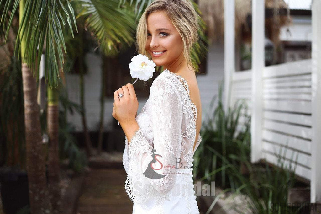 Long Sleeve See Through Lace Mermaid V-back Wedding Dresses, Romantic Bridal Gown, WD0248
