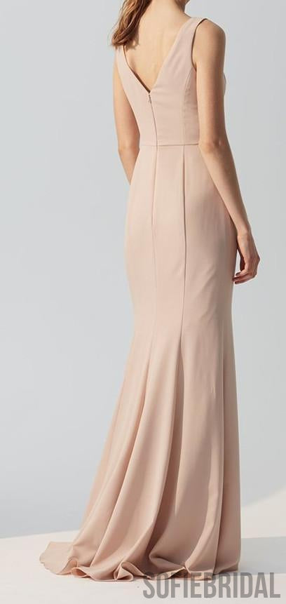 Sheath V-neck Floor-length Navy Blue Simple Bridesmaid Dresses, BD0570