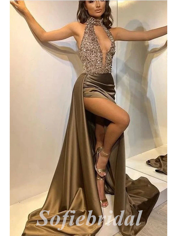 Sexy Sequin Top Satin Bottom High Neck Sleeveless Side Slit Mermaid Long Prom Dresses With Trailing,SFPD0619