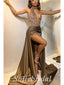 Sexy Sequin Top Satin Bottom High Neck Sleeveless Side Slit Mermaid Long Prom Dresses With Trailing,SFPD0619