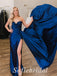 Sexy Royal Blue Satin Sweetheart Sleeveless Side Slit Mermaid Long Prom Dresses With trailing,SFPD0690