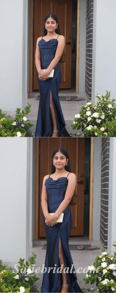 Simple Satin Spaghetti Sptraps Sleeveless Mermiad Long Prom Dresses,SFPD0510