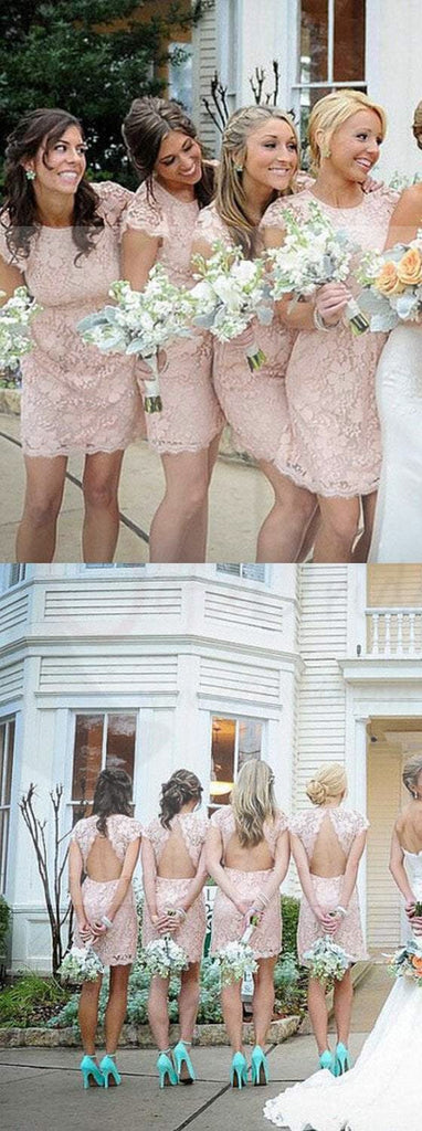 Fashion Cap Sleeve Open Back Small Round Neck Short Lace Blush Pink Mini Cheap Bridesmaid Dresses, WG116
