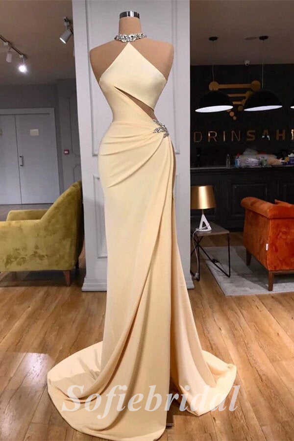 Sexy Satin Sleeveless Side Slit Mermaid Long Prom Dresses With Rhinestone,SFPD0700