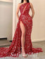 Sexy Sequin One Shoulder Sleeveless Side Slit Mermaid Long Prom Dresses,SFPD0684
