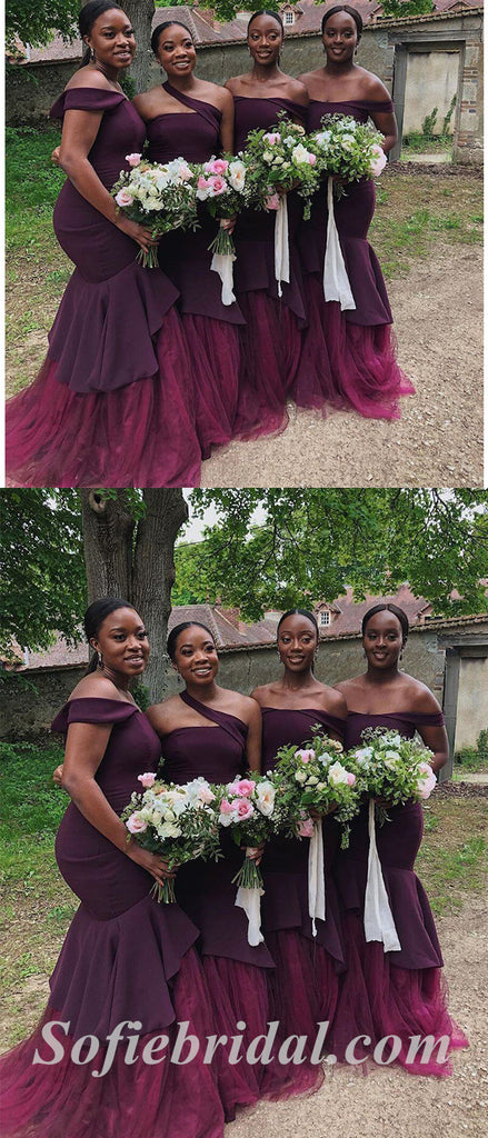 Mismatched Elegant Soft Satin And Tulle Sleeveless Mermaid Floor Length Bridesmaid Dressses,SFWG00478