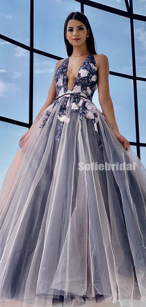 Simple V-neck A-line Tulle Lace Floor-length Long Prom Dresses,SFPD0132