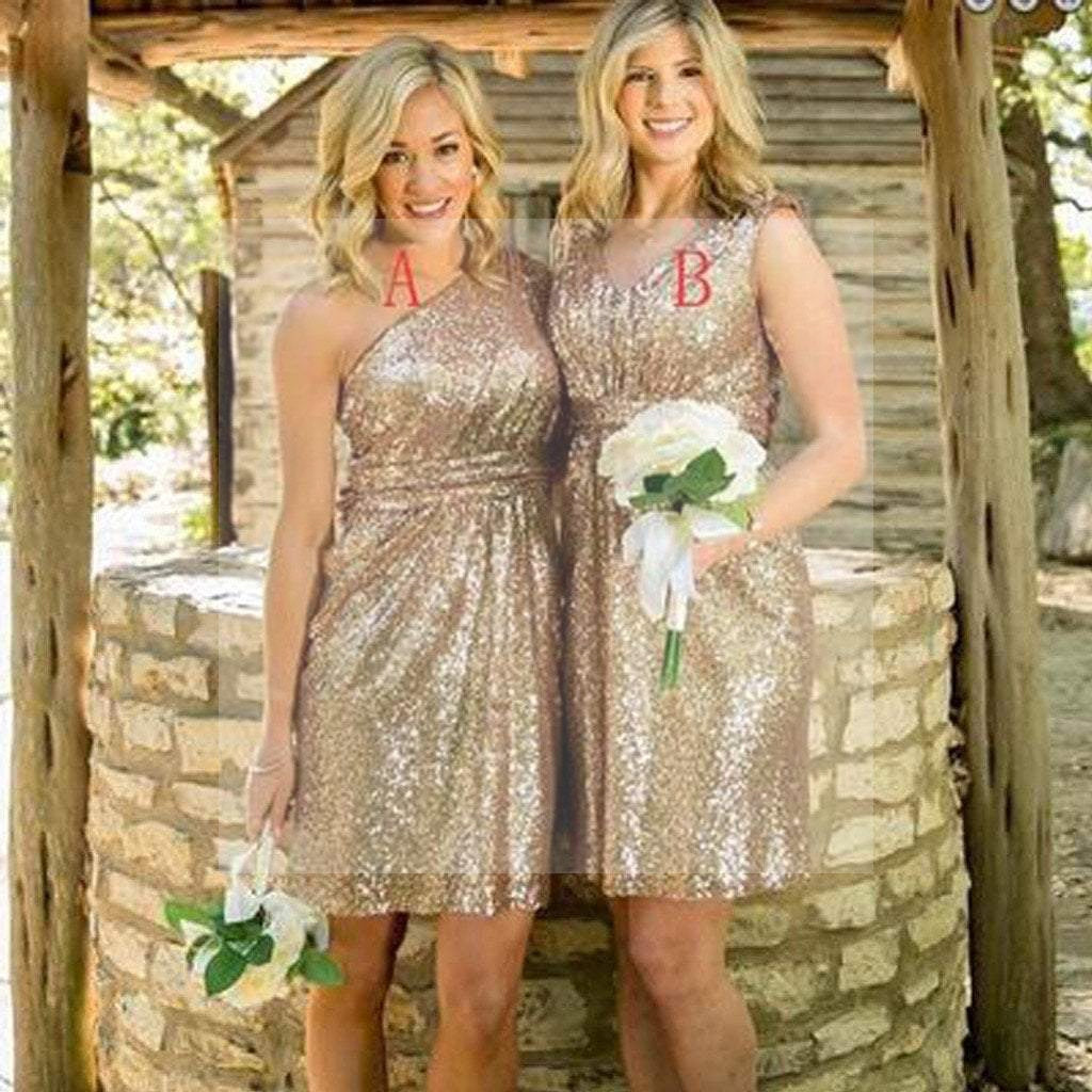 Mismatched Gold Sequin One Shoulder Shinning V-Neck Knee-Length Cheap Bridesmaid Dresses, WG122