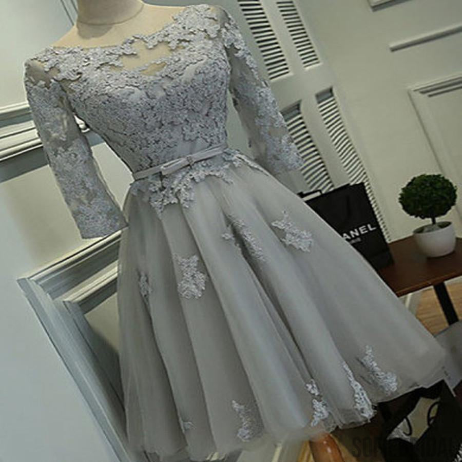 Grey lace simple lovely half sleeve elegant homecoming prom gown dresses, SF0076