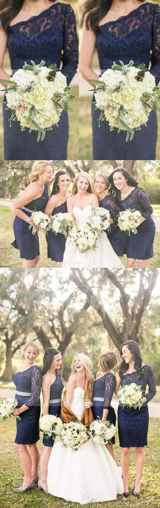 Elegant One Shoulder Long Sleeve Lace Navy Blue Knee Length Short Cheap Bridesmaid Dresses, WG128