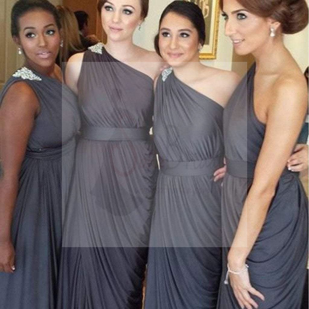 Pleating Chiffon One Shoulder Dark Grey Floor Length Simple Elegant Online Discount Bridesmaid Dresses, WG129