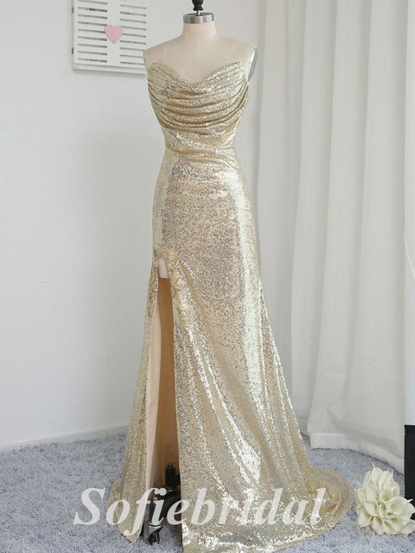 Sexy Sequin Sweetheart V-Neck Sleeveless Side Slit Mermaid Long Prom Dresses, PD0838