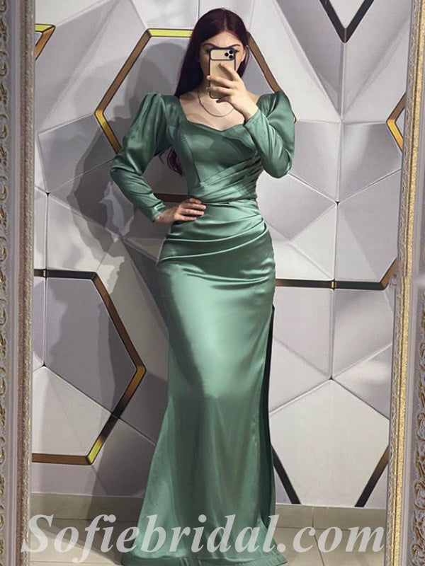 Modest Satin Long Sleeve Side Slit Sheath  Prom Dresses With Pleats,SFPD0375