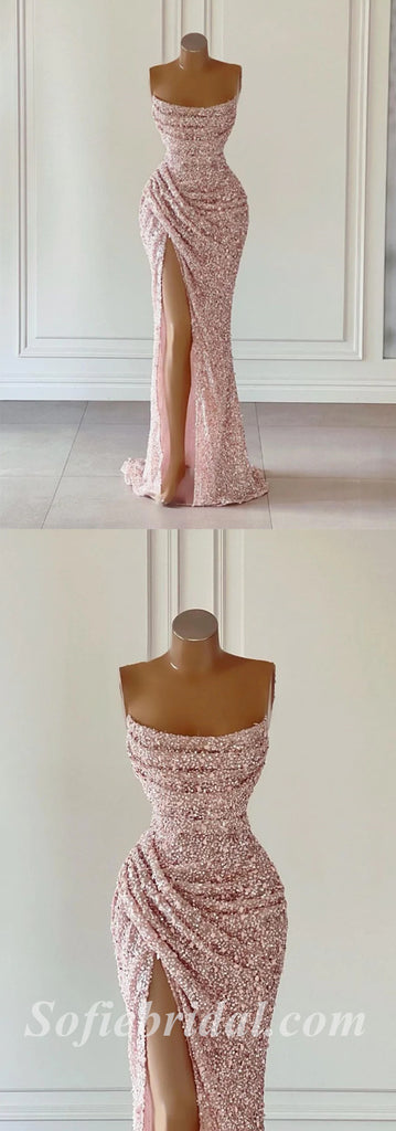 Sexy Shiny Sequin Sweetheart Sleeveless Side Slit Mermaid Long Prom Dresses With Pleats,SFPD0414