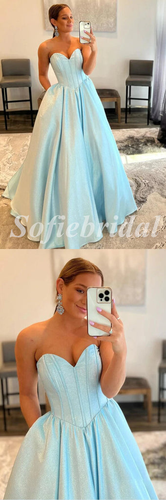 Simple Shiny Satin Sweetheart V-Neck A-Line Long Prom Dresses,SFPD0613