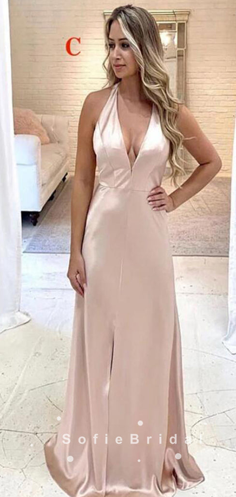 Simple Sheath V-Neck Spaghetti Straps Side Slit Long Bridesmaid Dresses,SFWG0013