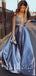 A-Line V-Neck Straps Satin Long Prom Dresses With Beading,SFPD0013