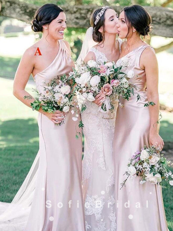 Simple Sheath V-Neck Spaghetti Straps Side Slit Long Bridesmaid Dresses,SFWG0013