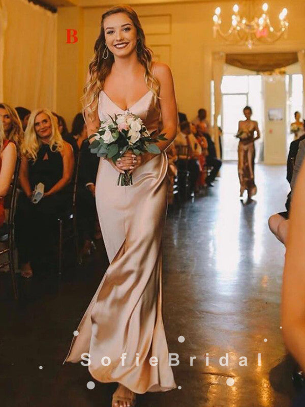 Simple Sheath V-Neck Spaghetti Straps Side Slit Long Bridesmaid Dresses,SFWG0013