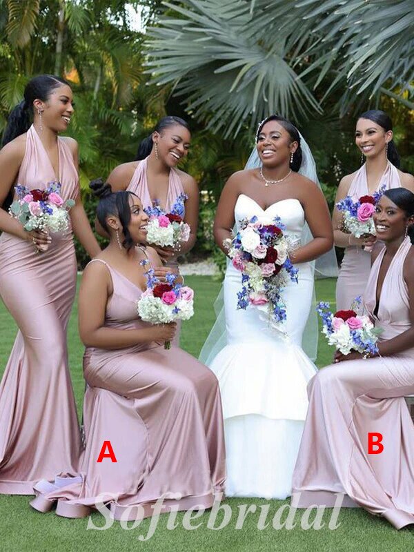 Mismatched Sexy Soft Satin V-Neck Sleeveless Mermaid Floor Length Bridesmaid Dressses,SFWG00482