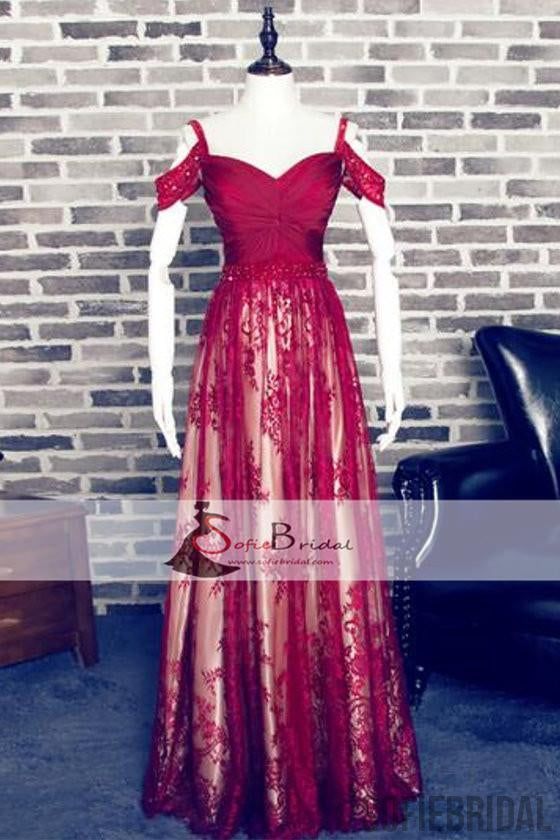 Off Shoulder Red Lace Beaded Prom Dresses, Long A-line Prom Dresses, Prom Dresses, PD0442