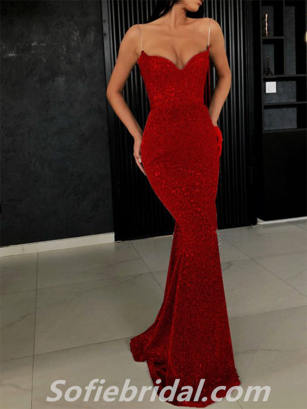 Sexy Charming Sequin Spaghetti Straps V-Neck Mermaid Long Prom Dresses,SFPD0264