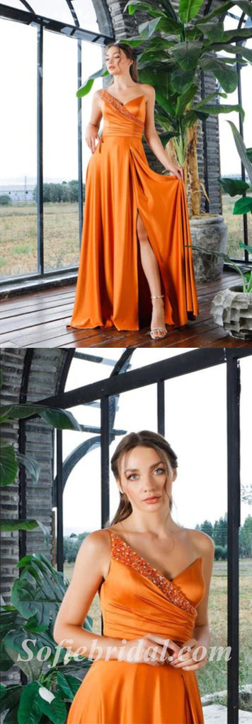 Sexy Orange Satin Sweetheart V-Neck A-Line Long Prom Dresses With Side Slit,SFPD0436