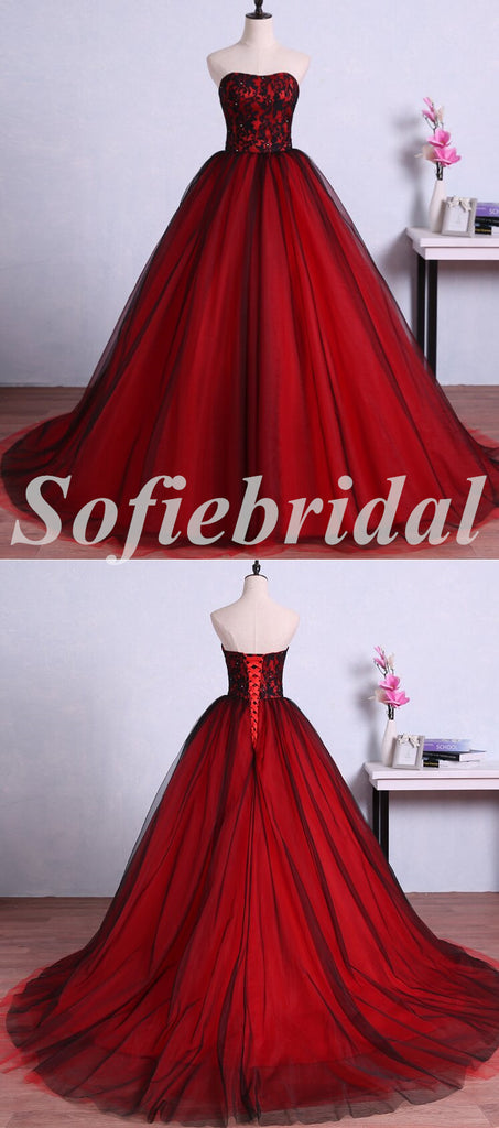 Elagant Tulle And Lace Sweetheart Sleeveless Lace Up Back A-Line Long Prom Dresses With Beading,SFPD0682