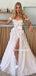 A-Line Charming V-neck Side Slit Long Wedding Dresses With Lace,SFWD0009