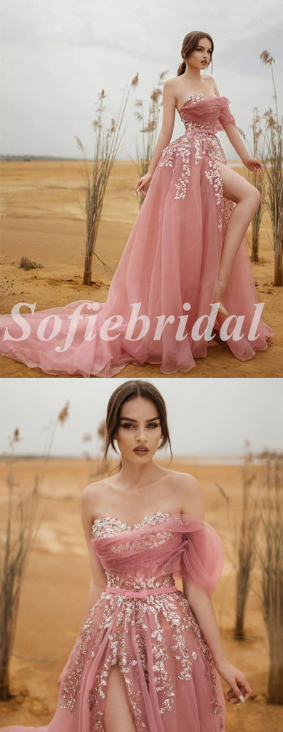 Elegant Tulle One Shoulder Sleeveless Side Slit A-Line Long Prom Dresses With Applique,SFPD0593