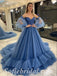 Elegant Tulle Off Shoulder V-Neck Long Sleeve A-Line Long Prom Dresses/Ball Gown With Applique,SFPD0519