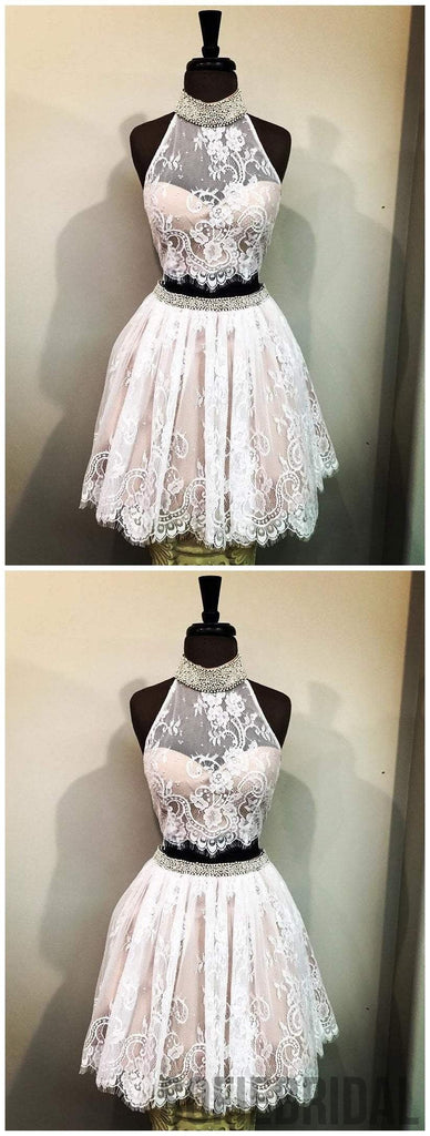 High Neck See Through Rhinestone Cute Pink Homecoming Dresses 2018, CM496