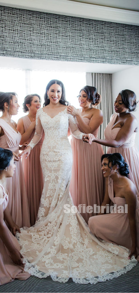 Mismatched One-shoulder Simple Chiffon Long Bridesmaid Dresses Online,SFWG00394