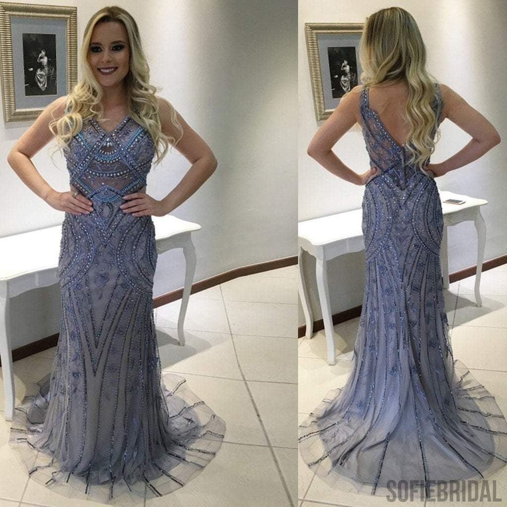 Gorgeous V-Neck Rhinestone Beaded Long Mermaid Tulle Prom Dresses, PD0253