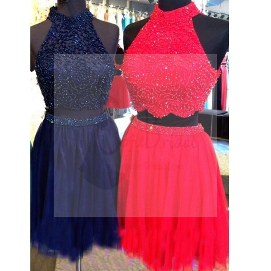 Two Pieces open back sparkly beaded homecoming prom gown dresses, SF0078