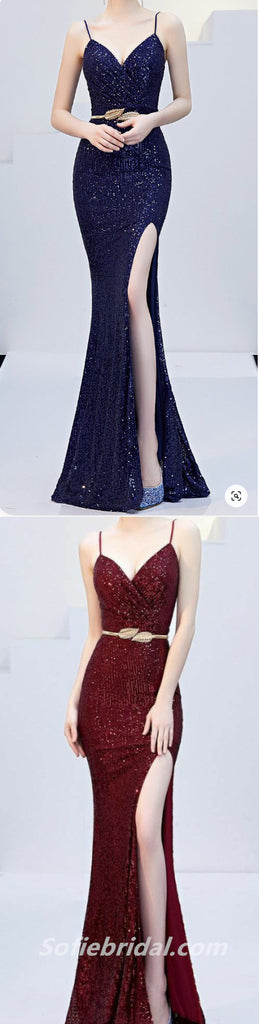 Elegant Sequin Spaghetti Straps V-Neck Side Slit Mermaid Long Prom Dresses,SFPD0267
