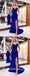 Sexy Charming Royal Blue Sequin Spaghetti Straps V-Neck Sleeveless Side Slit Mermaid Long Prom Dresses With Feather,SFPD0532