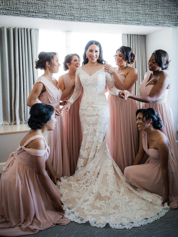 Mismatched One-shoulder Simple Chiffon Long Bridesmaid Dresses Online,SFWG00394