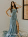 Sexy Sequin Spaghetti Straps Sleeveless Side Slit Mermaid Long Prom Dresses With Feather,SFPD0687