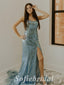 Sexy Sequin Spaghetti Straps Sleeveless Side Slit Mermaid Long Prom Dresses With Feather,SFPD0687