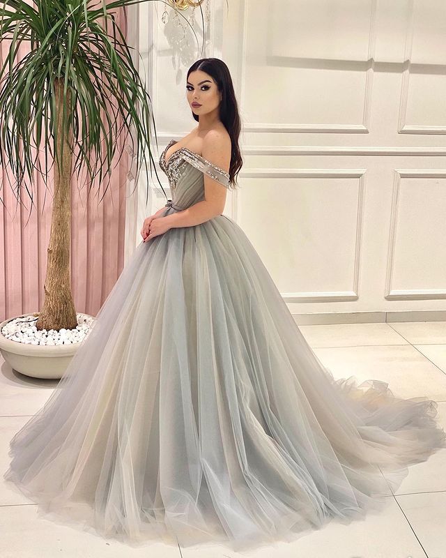 Newest Off-shoulder Tulle A-line Long Prom Dresses Online,SFPD0116