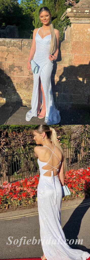 Charming Sequin Spaghetti Straps Sleeveless Criss Cross Mermaid Long Prom Dresses With Split,SFPD0487