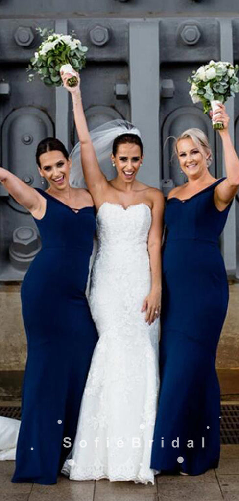 Mermaid Off The Shoulder Dark Navy Floor Length Bridesmaid Dresses,SFWG0018