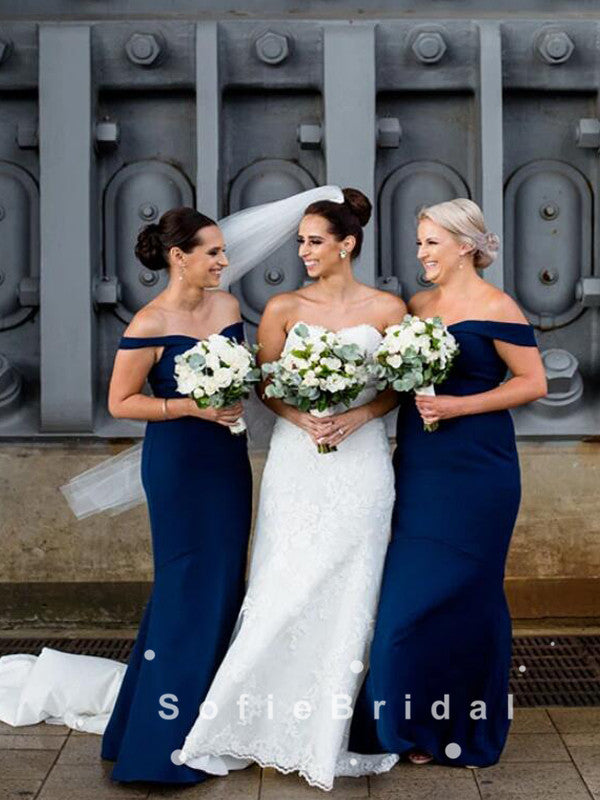 Mermaid Off The Shoulder Dark Navy Floor Length Bridesmaid Dresses,SFWG0018