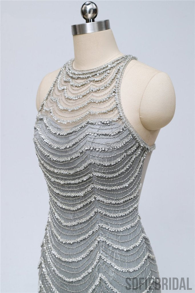 Long Mermaid Gray Beaded Sexy Luxury Prom Dresses, PD0920